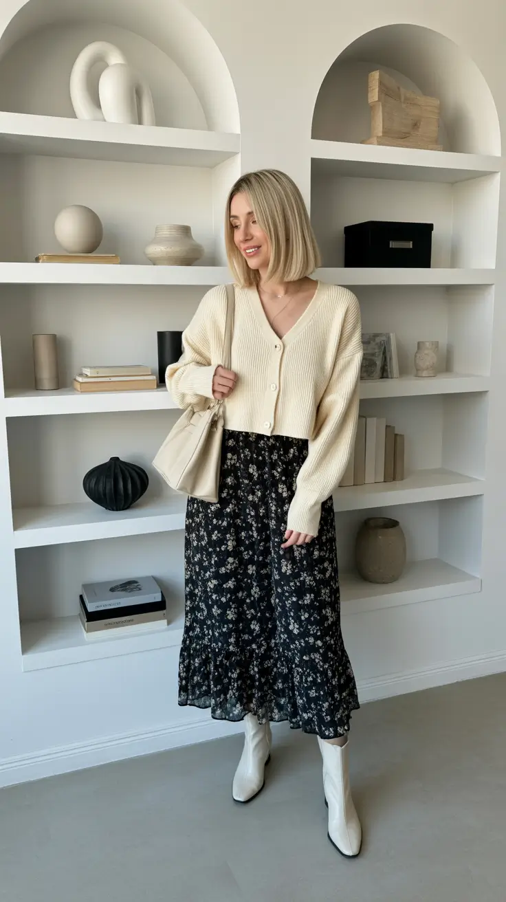 Stylish cute outfits 2026 - Cream Cardigan, Black Floral Midi And White Boots