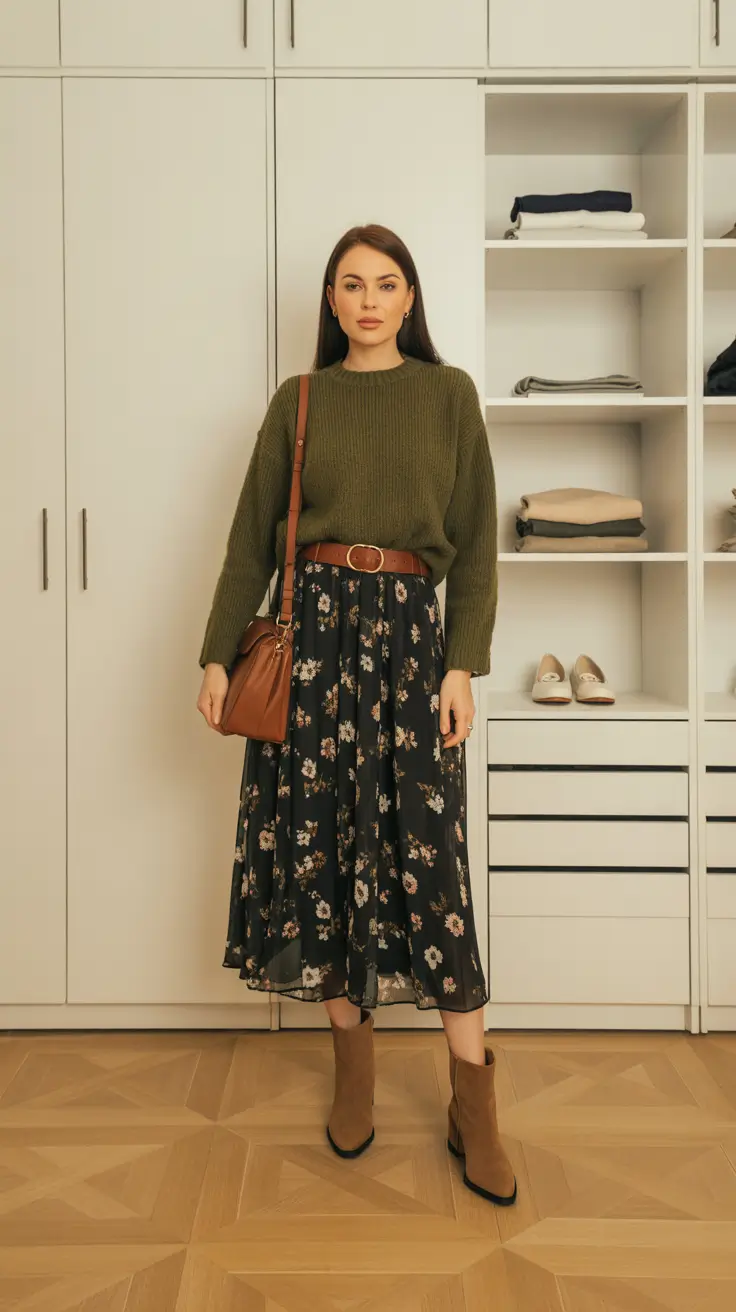 Stylish cute outfits 2026 Olive Knit with Floaty Floral Midi
