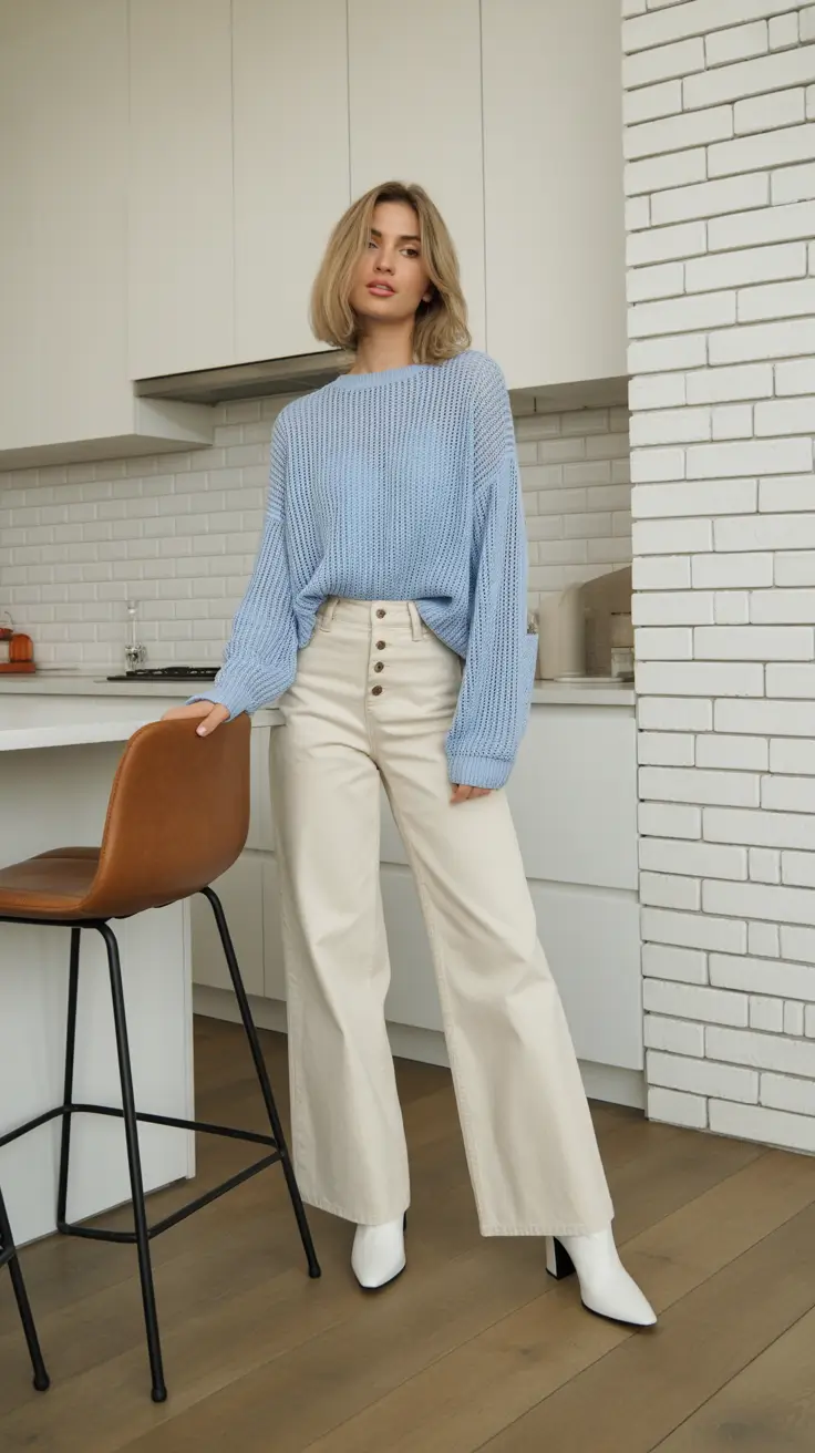 Stylish cute outfits 2026 - Sky-Blue Knit And Ecru Wide-Leg Denim