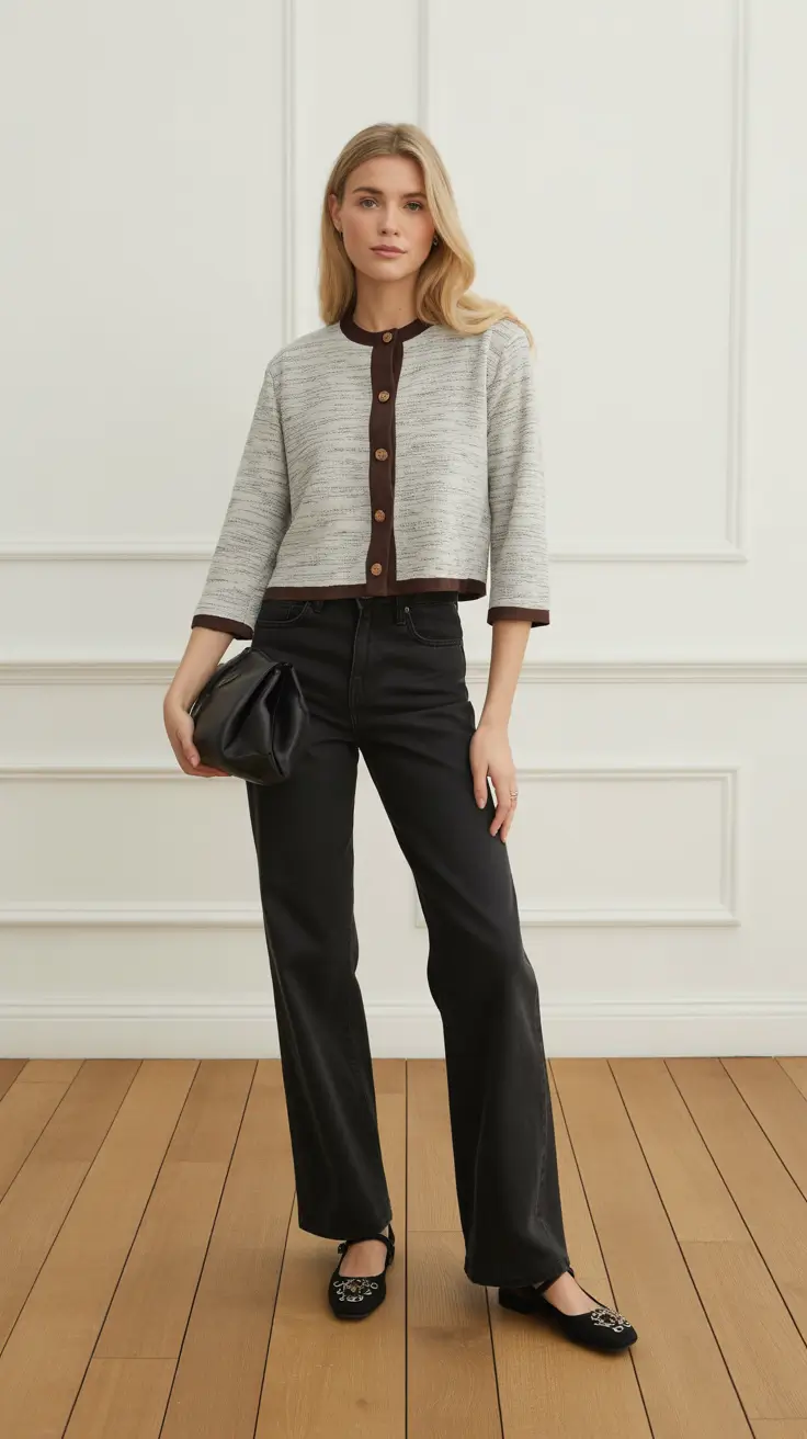 Stylish cute outfits 2026 - Contrast-Trim Cardigan And Black Denim
