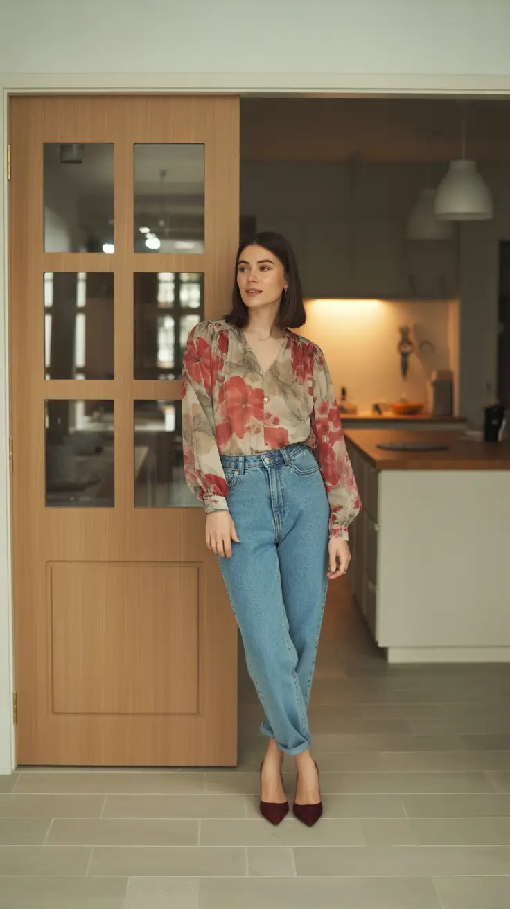 Stylish cute outfits 2026 Romantic Blossom Blouse with Tapered Denim