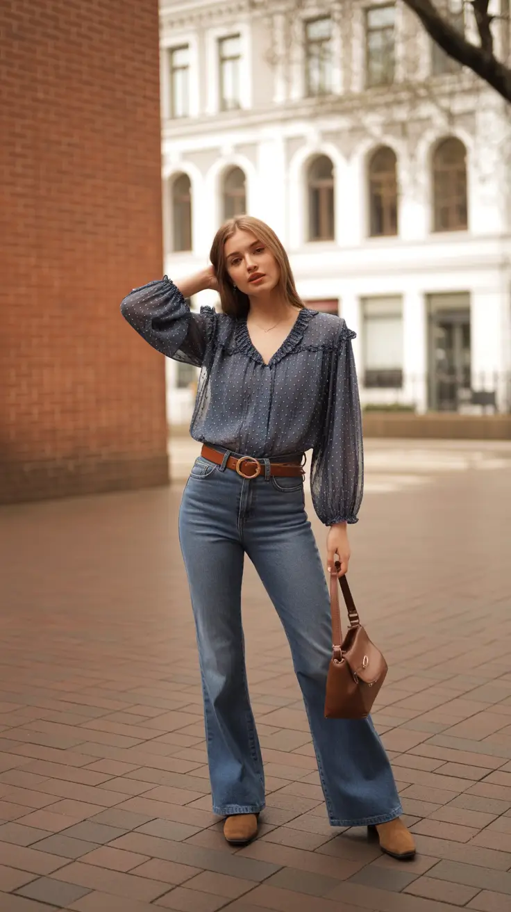 Stylish cute outfits 2026 Ruffled Dot Blouse with Flare Jeans