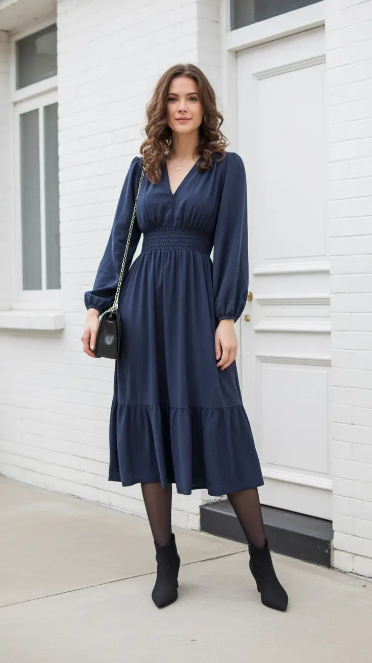 Stylish cute outfits 2026 Navy Midi Dress with Sleek Sock Boots