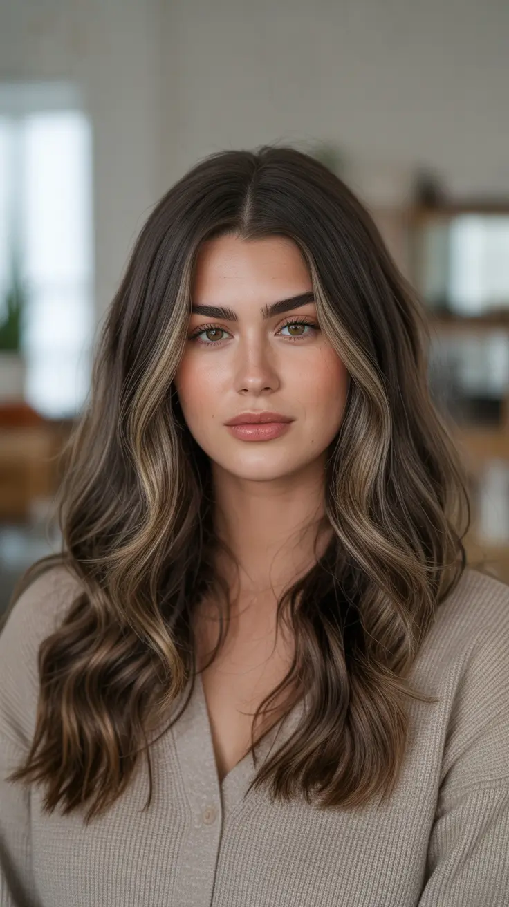 Cool dark brown hair color 2026 Cool Ashy Ribbons On Long Brunette Waves