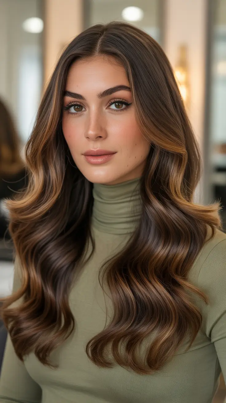 Cool Dark Brown Hair Color 2026 - Glossy Chocolate Waves With Golden Ribbons