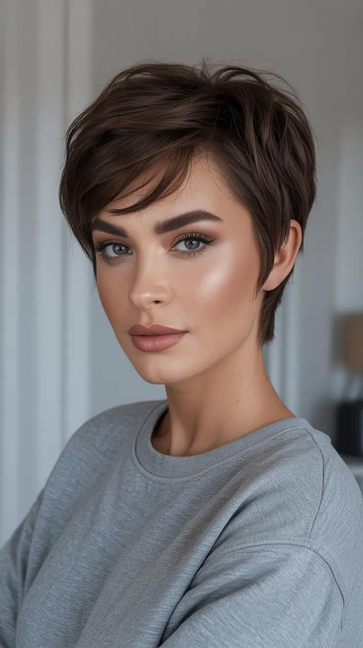 Cool Dark Brown Hair Color 2026 - Cool Textured Pixie For Everyday Edge