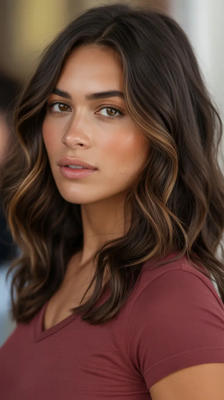 Cool Dark Brown Hair Color 2026 - Soft Mid Length Brunette With Face Framing Highlights