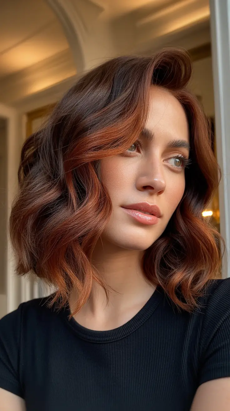 Cool dark brown hair color 2026 Copper Chocolate Lob With Soft Red Dimension