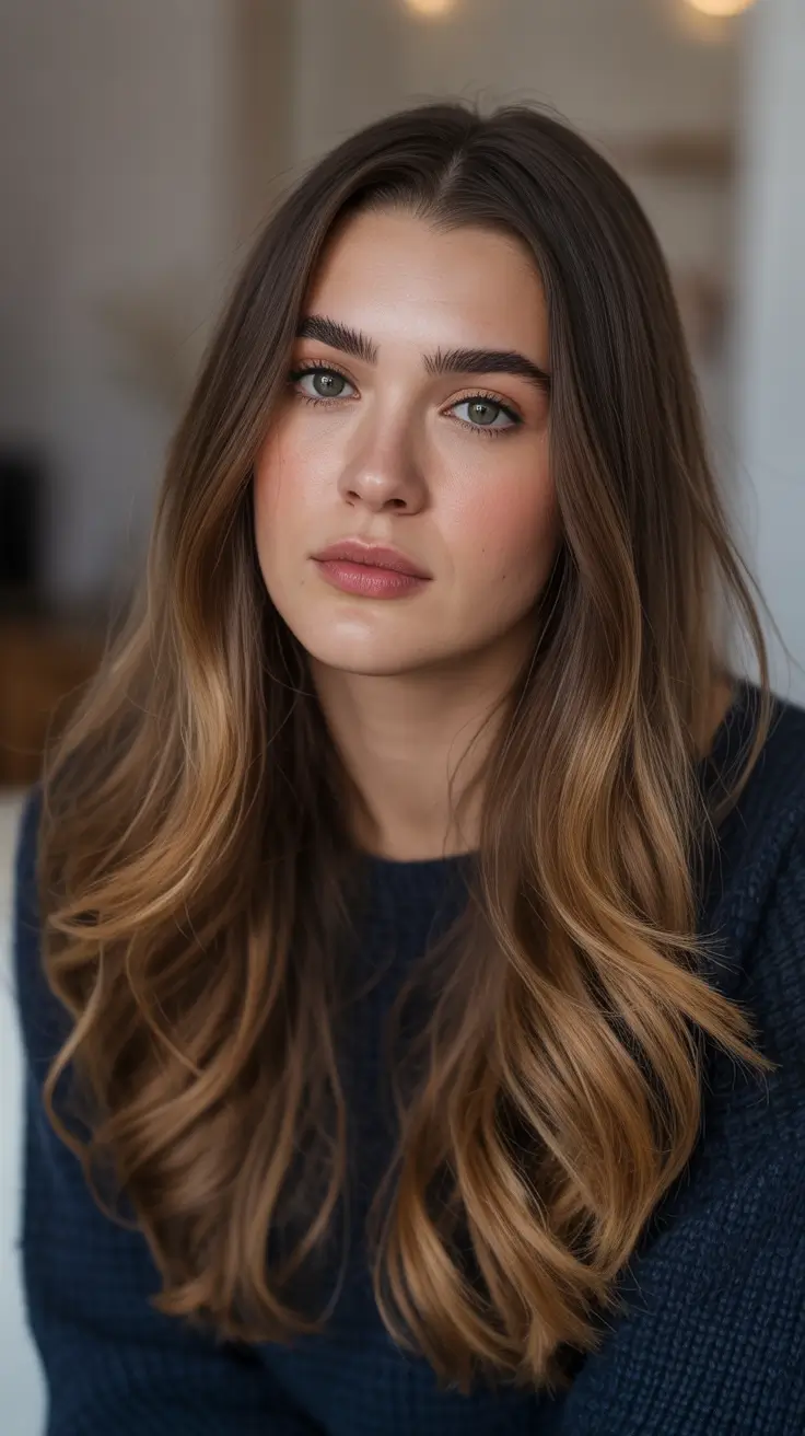 Cool dark brown hair color 2026 Long Cool Bronde Lengths With Deep Roots