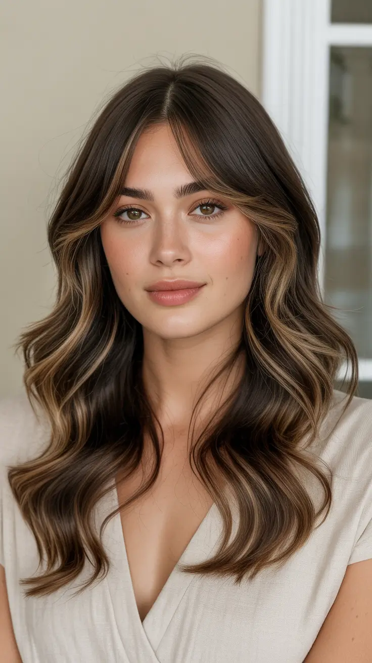 Cool dark brown hair color 2026 Curtain Fringe With Cool Brunette Balayage