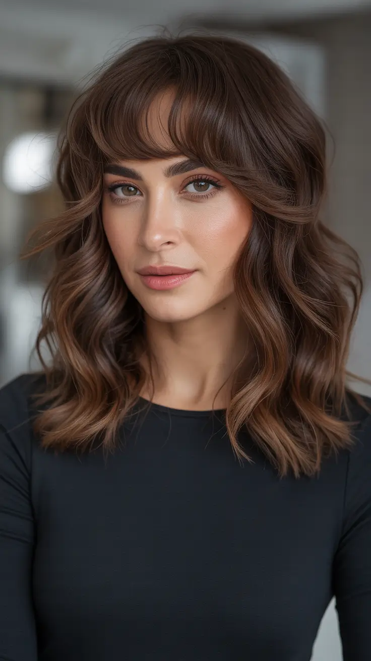 Cool dark brown hair color 2026 Textured Mid Length Brunette With Airy Bangs