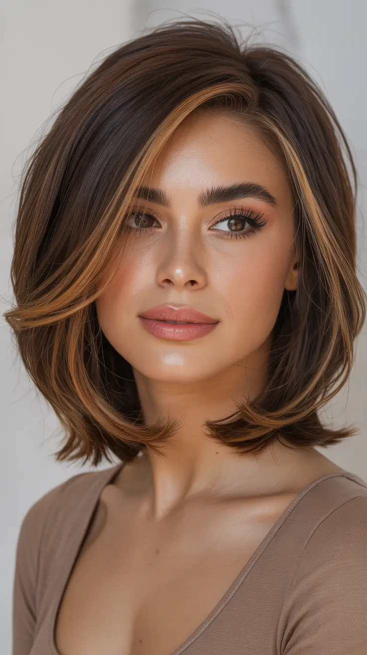 Cool dark brown hair color 2026 Layered Bob With Honey Framing Highlights