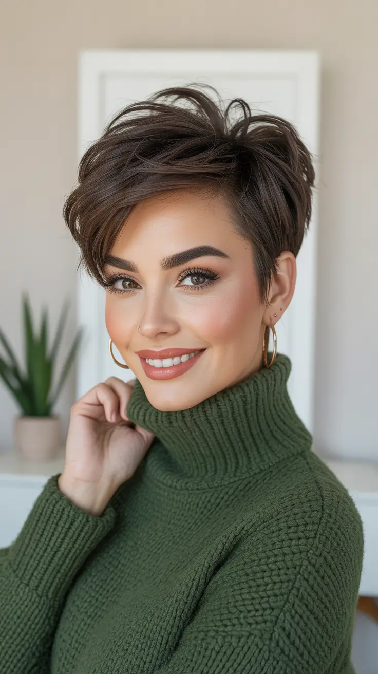 Cool Dark Brown Hair Color 2026 - Textured Pixie In Cool Dark Brown
