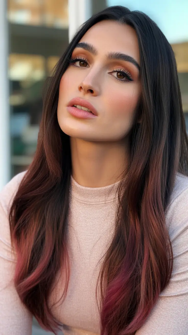 Cool Dark Brown Hair Color 2026 - Dark Brown With Rosy Balayage Ends