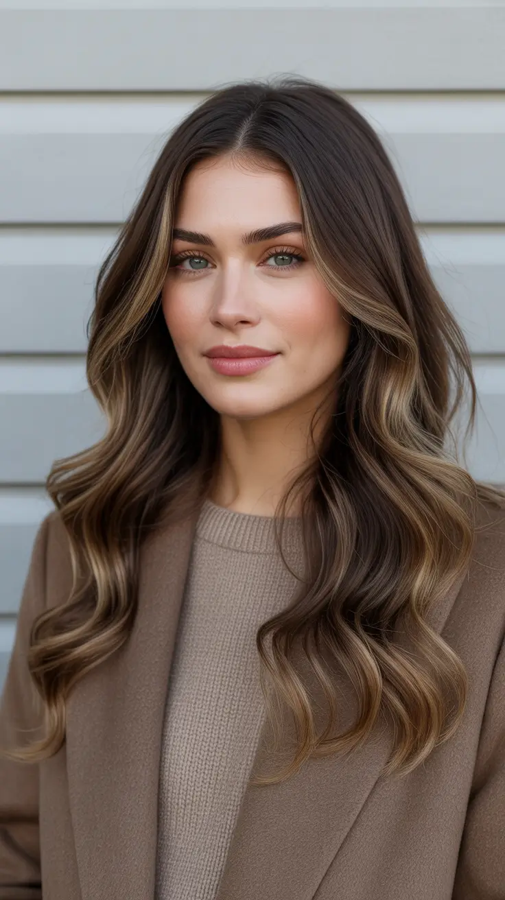Cool dark brown hair color 2026 Cool Balayage Waves In Mocha Brown