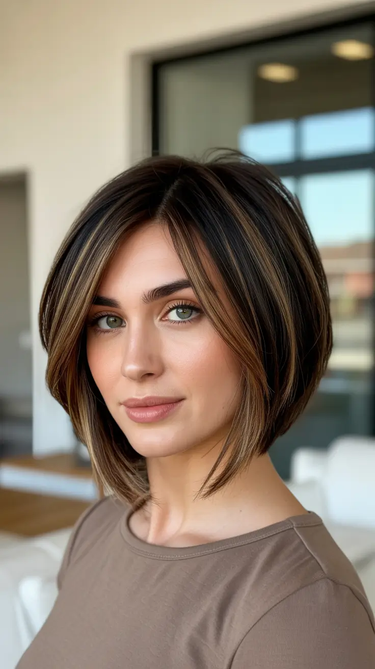 Cool dark brown hair color 2026 Sleek Cool Brunette Bob With Soft Highlights