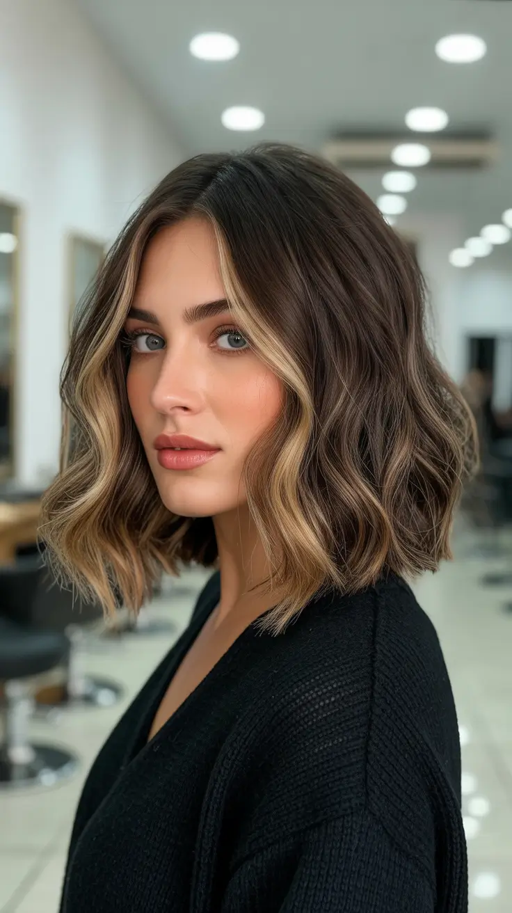 Cool dark brown hair color 2026 Wavy Lob With Bold Face-Framing Highlights