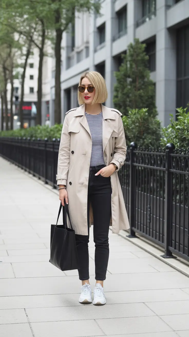 Casual everyday outfits 2026 - City Trench With Stripes And Sneakers