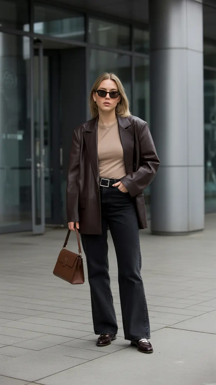 Casual everyday outfits 2026 - Chocolate Leather Blazer With Taupe Tee And Black Denim