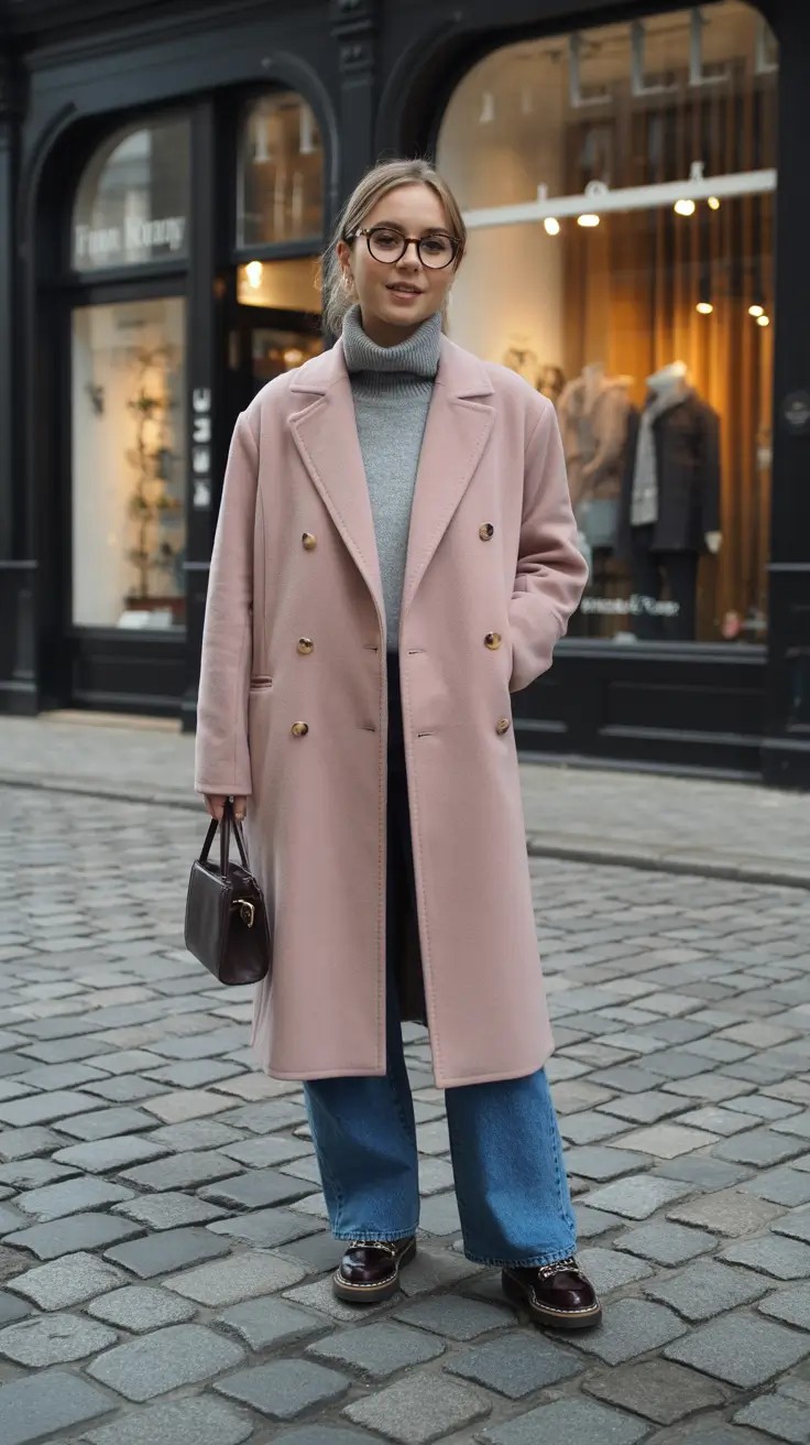 Casual everyday outfits 2026 - Powder Pink Coat With Turtleneck And Polished Loafers