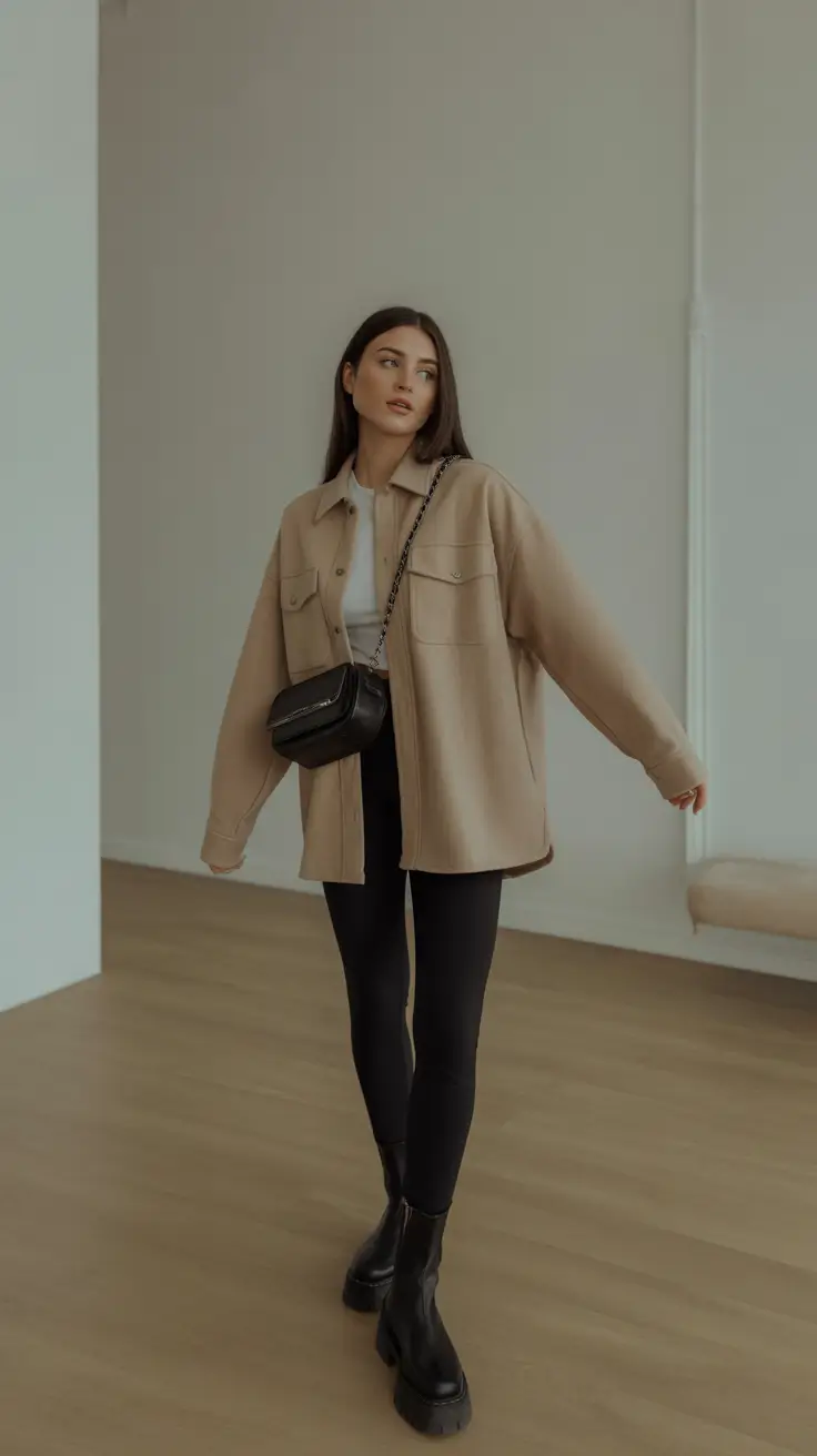 Casual everyday outfits 2026 - Oversized Shacket, Leggings, And Lug Boots