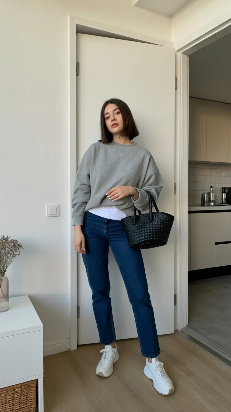 Casual everyday outfits 2026 - Layered Sweatshirt, Dark Denim, And Woven Tote