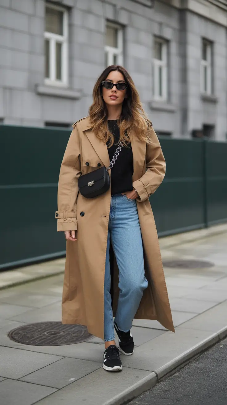 Casual everyday outfits 2026 - Classic Camel Trench With Soft Denim And A Chain Bag