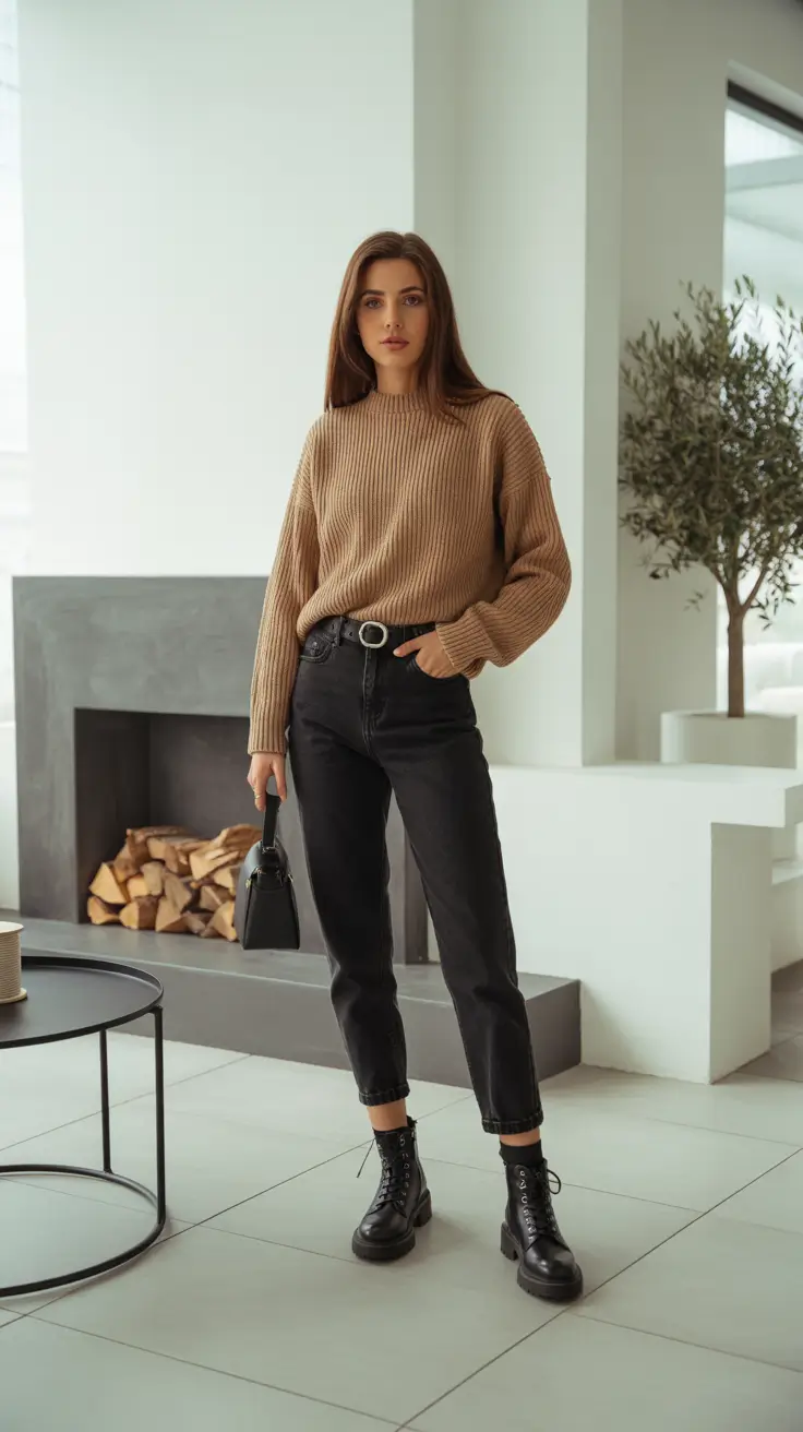 Casual everyday outfits 2026 - Camel Rib Knit, Black Denim, And Combat Boots