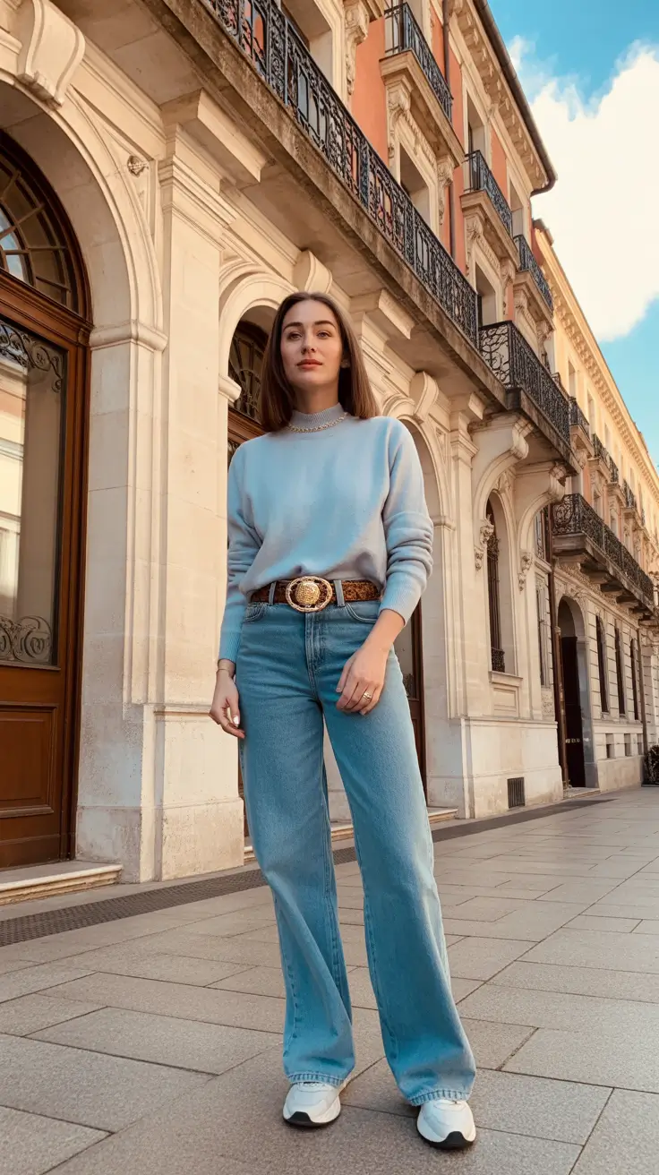 Casual everyday outfits 2026 - Powder-Blue Knit With Statement Belt And Wide Jeans