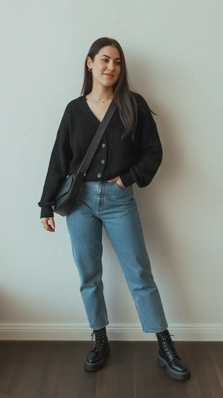 Casual everyday outfits 2026 - Chunky Cardigan With Straight Jeans And Lace-Up Boots