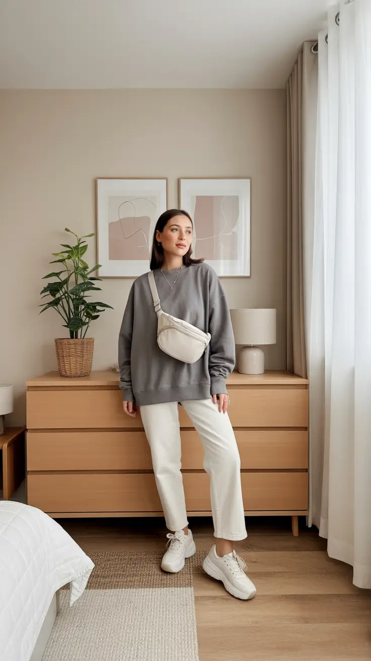 Casual everyday outfits 2026 - Oversized Sweatshirt With Cream Denim And A Belt Bag