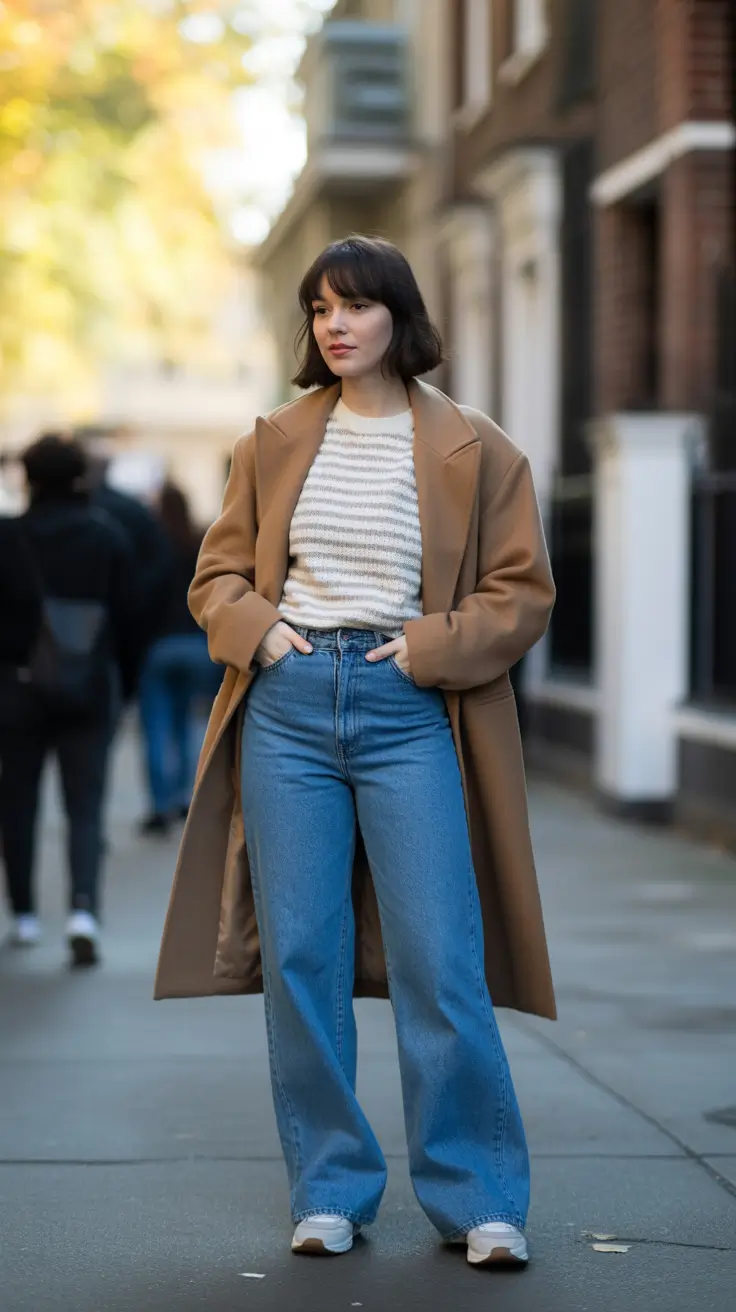 Casual everyday outfits 2026 - Camel Coat With Breton Knit And Wide-Leg Jeans