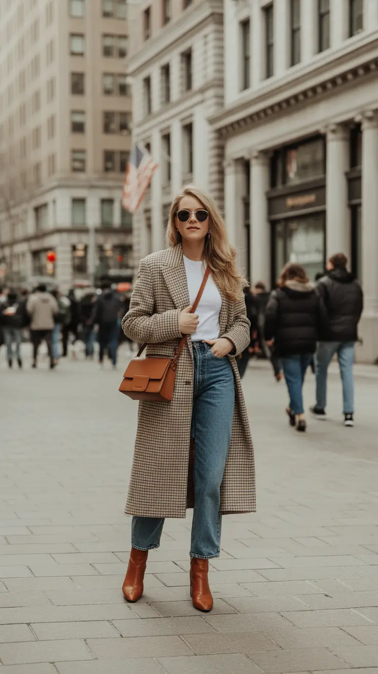 Casual everyday outfits 2026 - Check Coat With White Tee And Cognac Boots
