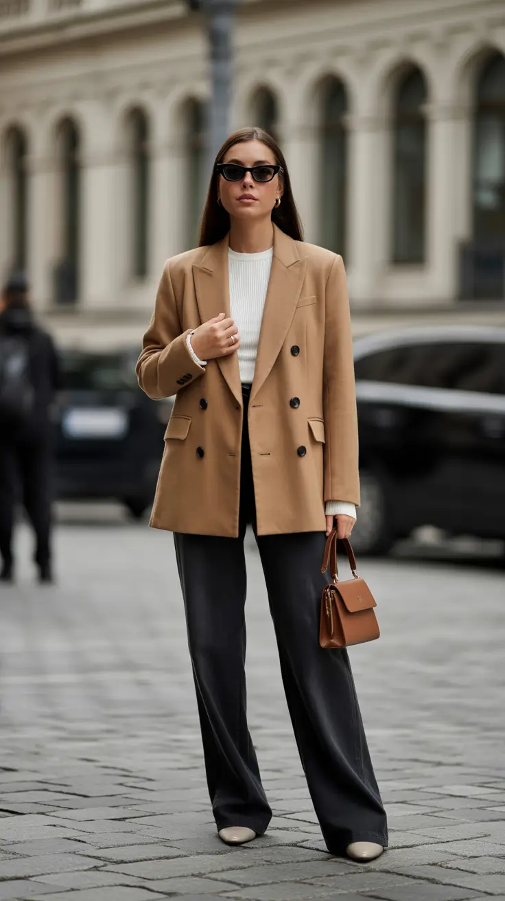 Casual everyday outfits 2026 - Double-Breasted Camel Blazer And Tailored Charcoal Trousers