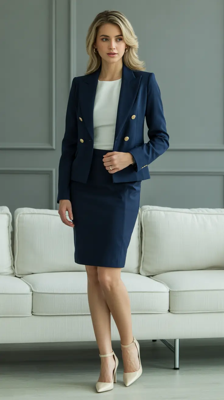 Elegant formal outfits for women 2026 - Polished Navy Suit With Classic Skirt Silhouette