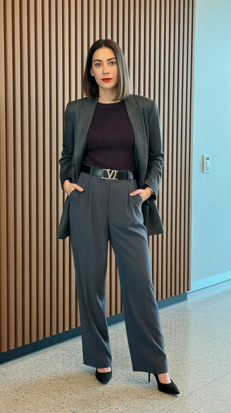 Elegant formal outfits for women 2026 - Charcoal Suiting With Statement Belt And Red Lip