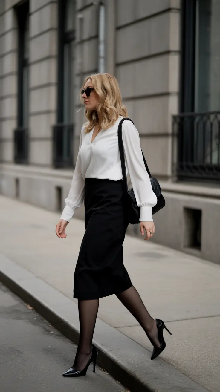 Elegant formal outfits for women 2026 - Monochrome Black And White City Pencil Skirt Look