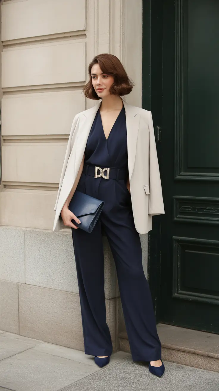Elegant formal outfits for women 2026 - Navy Jumpsuit And Ivory Blazer For Chic Evenings
