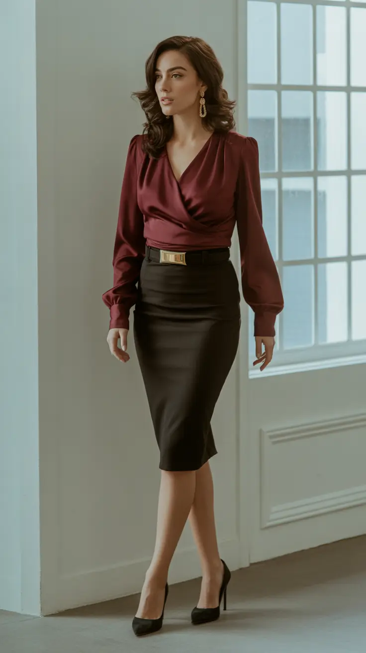 Elegant formal outfits for women 2026 - Burgundy Wrap Top And Pencil Skirt For Cold-Season Elegance