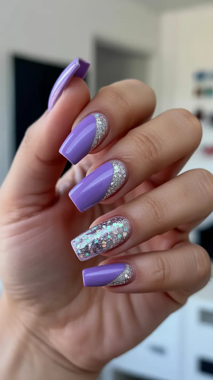stylish gel nails 2026 Lilac And Silver Party Mix