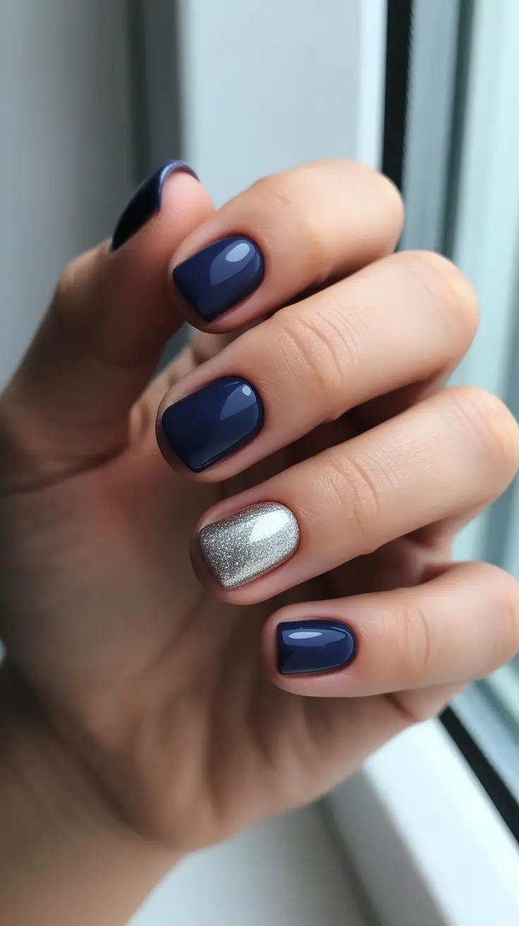 stylish gel nails 2026 Short Navy And Platinum Accent