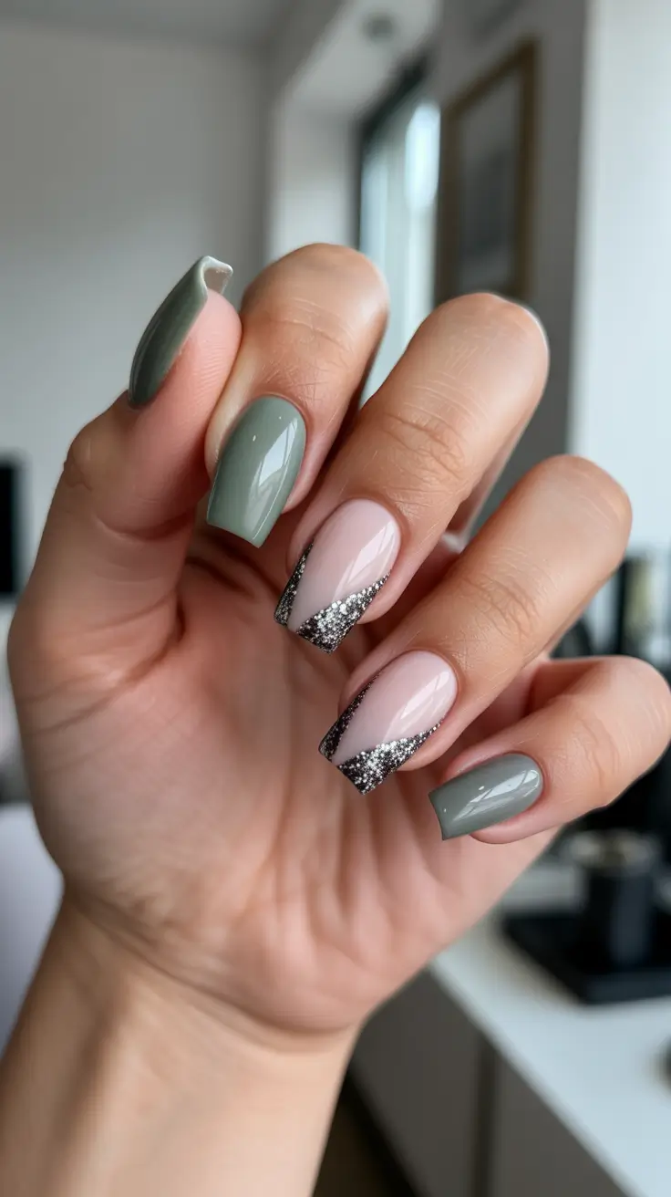 stylish gel nails 2026 Sage Green Glitter Edge Tips