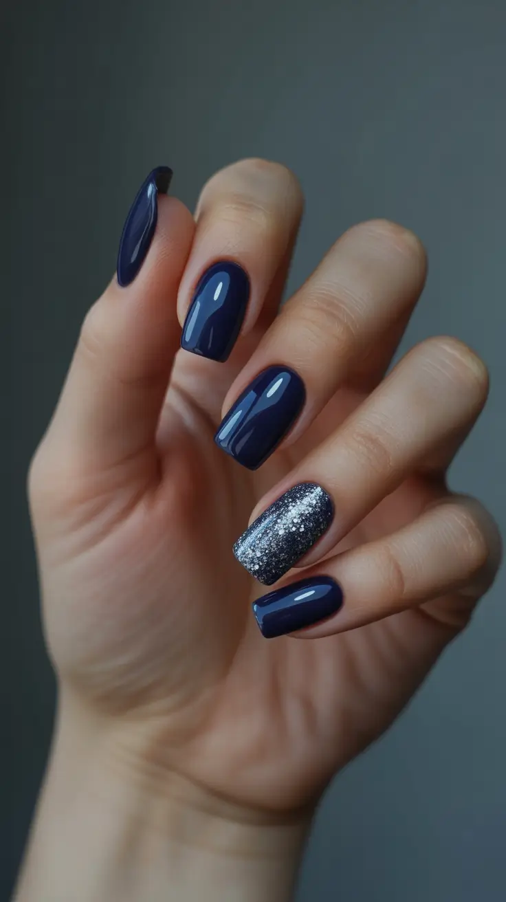 stylish gel nails 2026 Midnight Navy Sparkle Statement