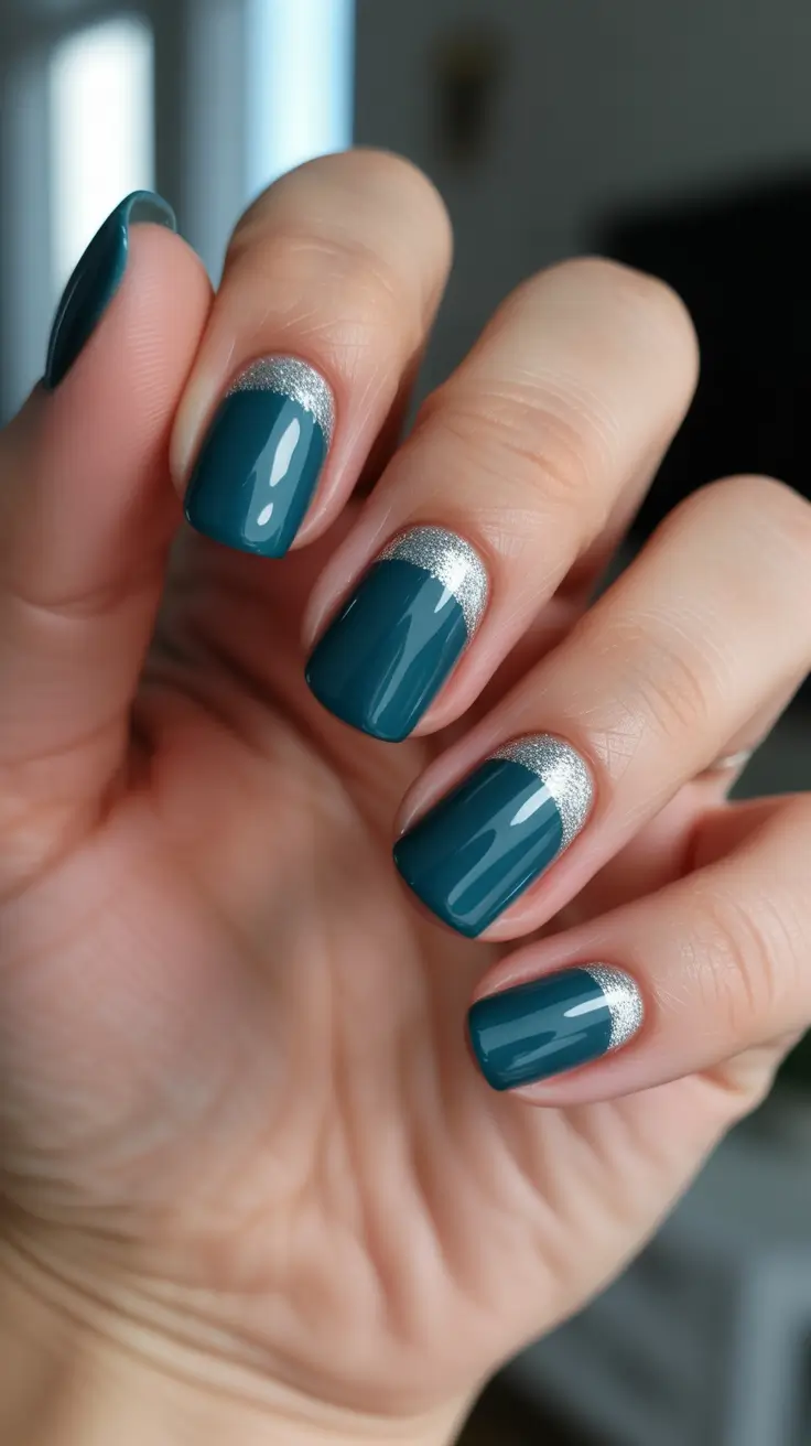 stylish gel nails 2026 - Teal Reverse French With Silver Half-Moons