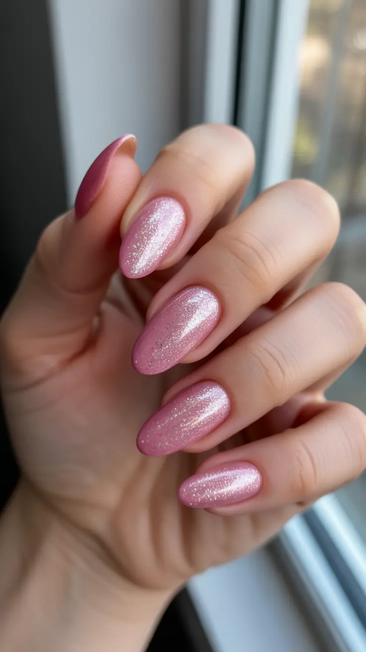 stylish gel nails 2026 Shimmering Pink Almond For Soft Glam