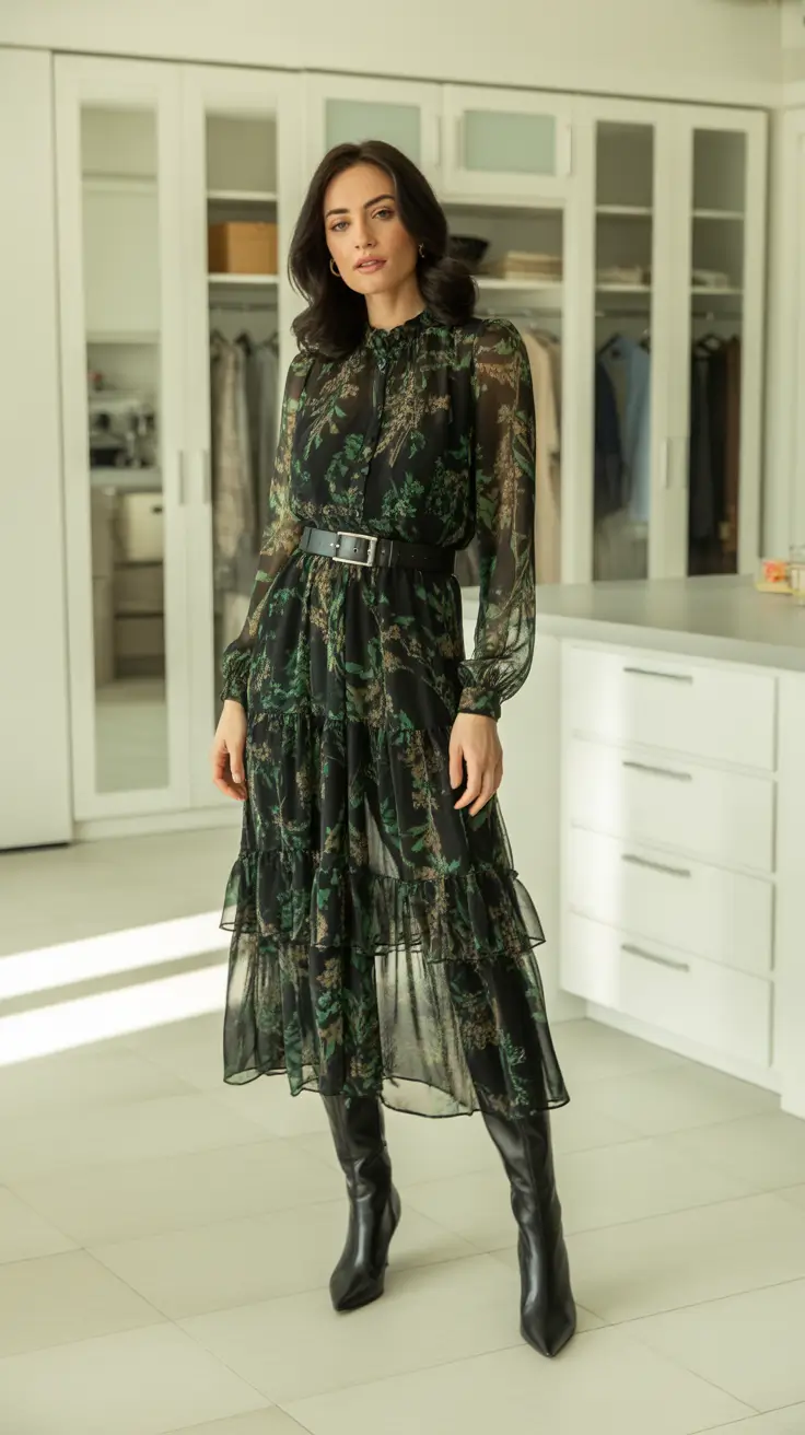 Trendy going out outfits 2026 - Dark Romance Midi With High Boots