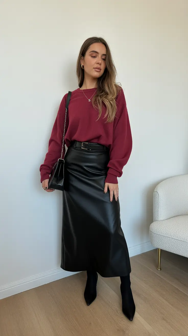 Trendy going out outfits 2026 - Leather Midi And Berry Sweater Balance