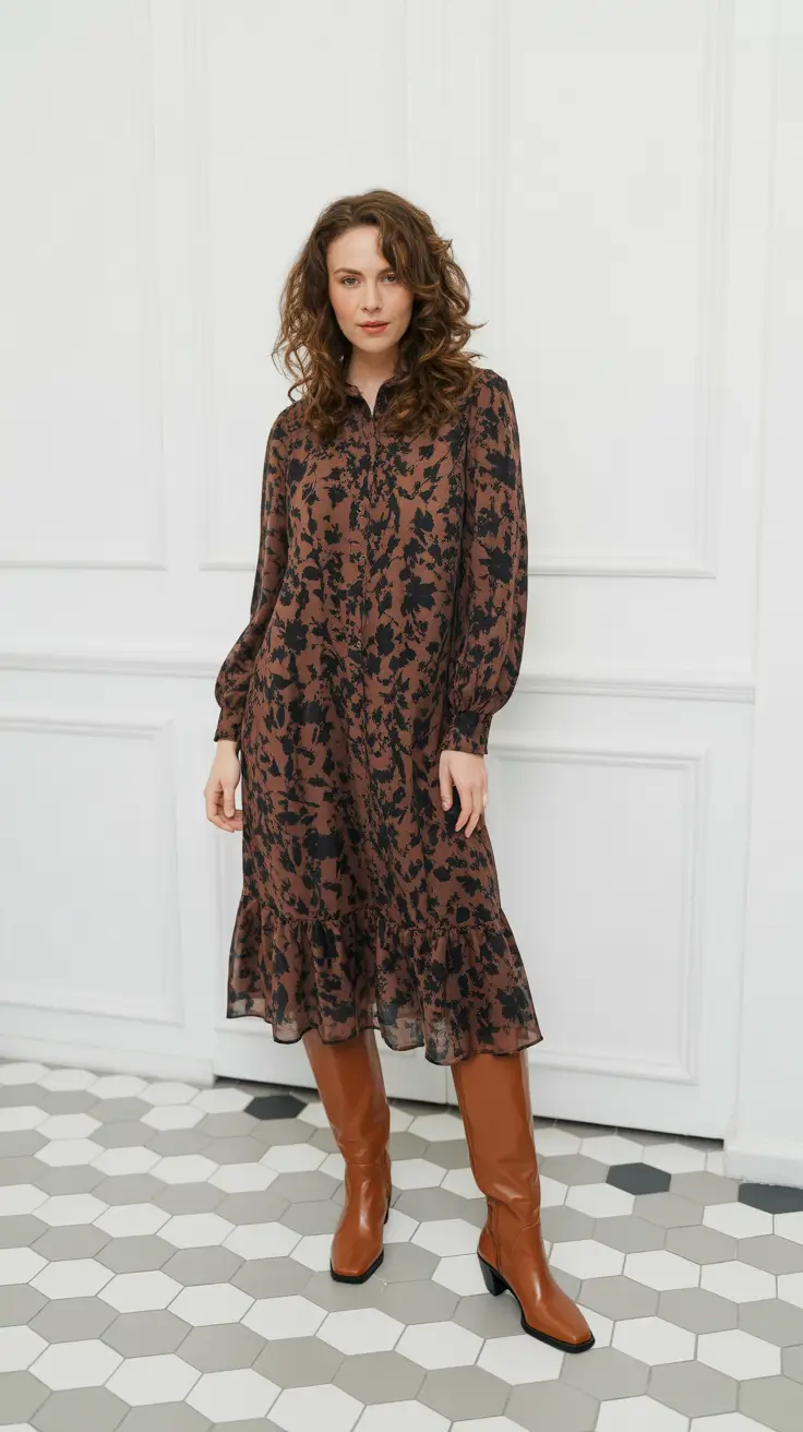 Trendy going out outfits 2026 - Mocha Floral Midi With Cognac Boots