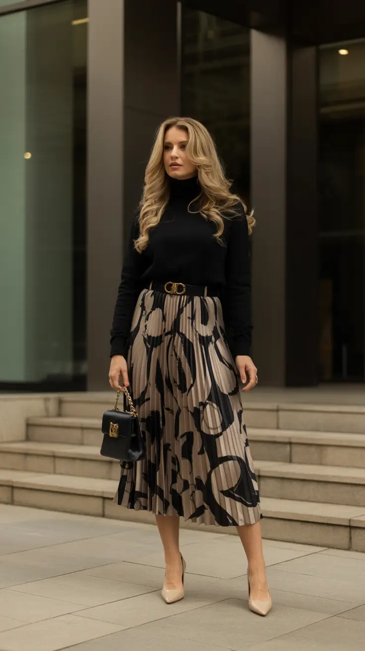 Trendy going out outfits 2026 - Pleated Statement Skirt With Black Turtleneck