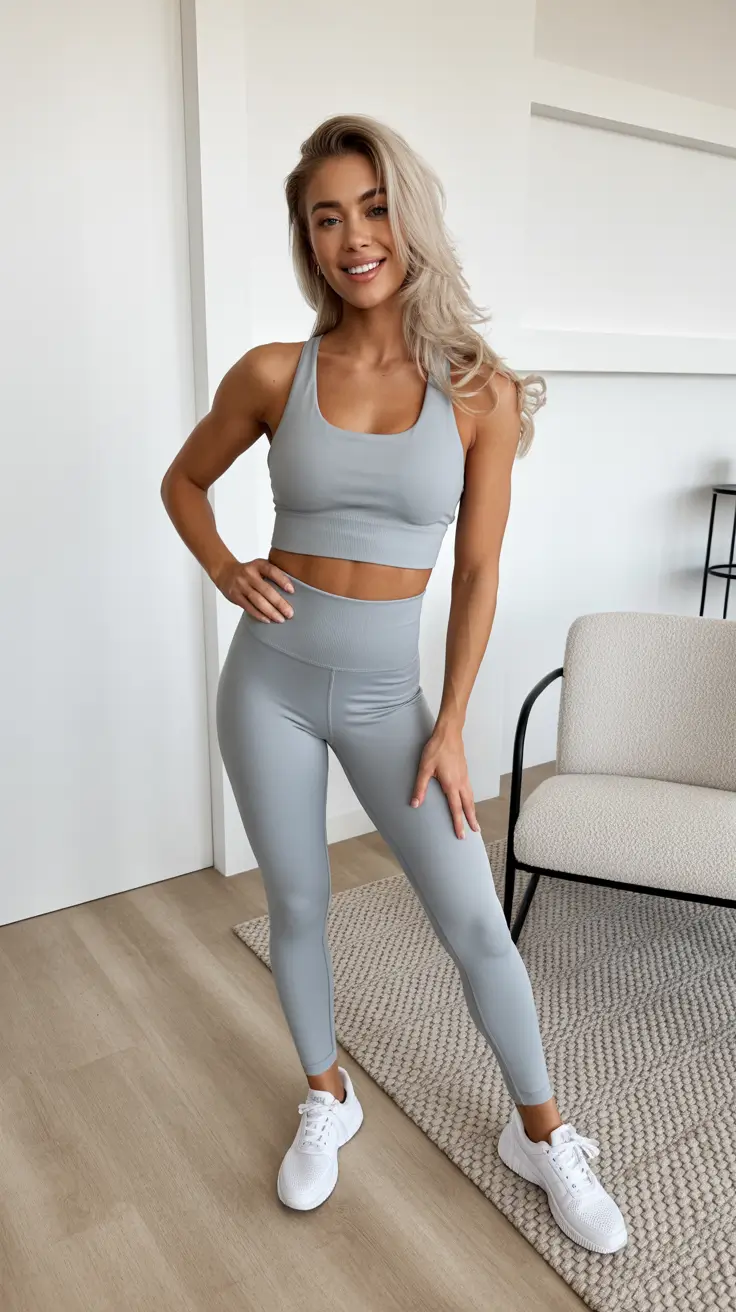 Trendy gym outfits 2026 - Powder-gray set - sleek minimalism for busy mornings